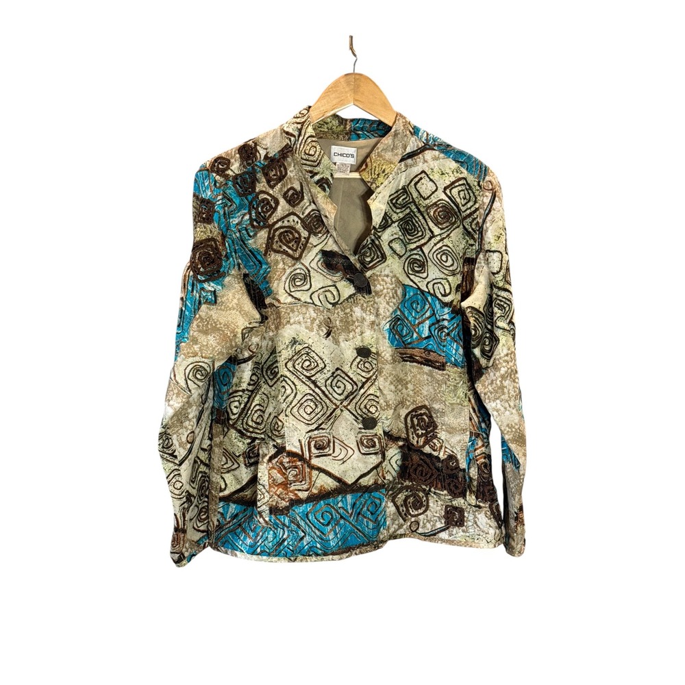 VTG Chicos Silk Abstract Swirl Print Button Up Jacket Turquoise Brown Size 2 L